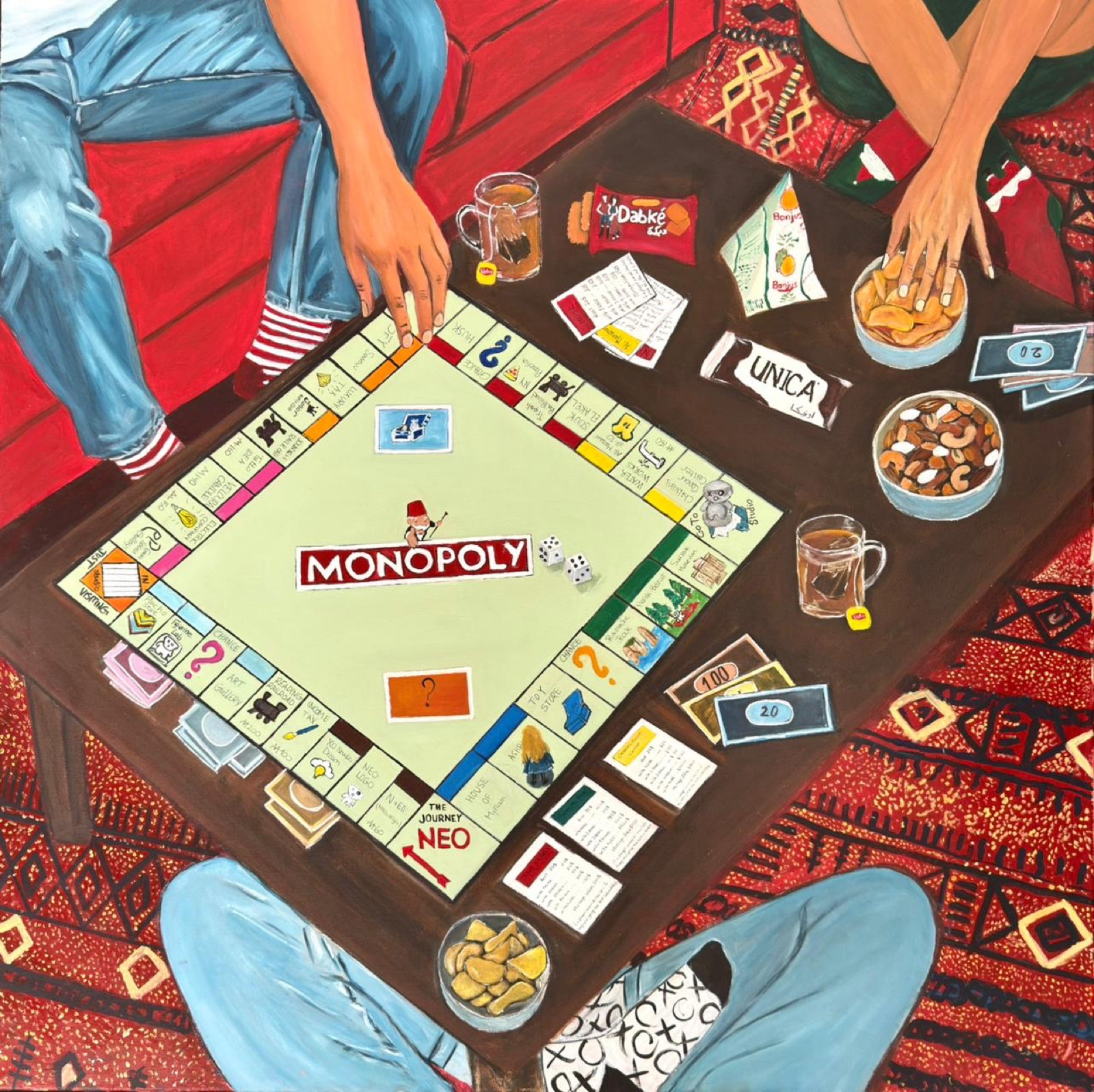 Myriam's acrylic painting of friends playing a Lebanese themed Monopoly game around a coffee table